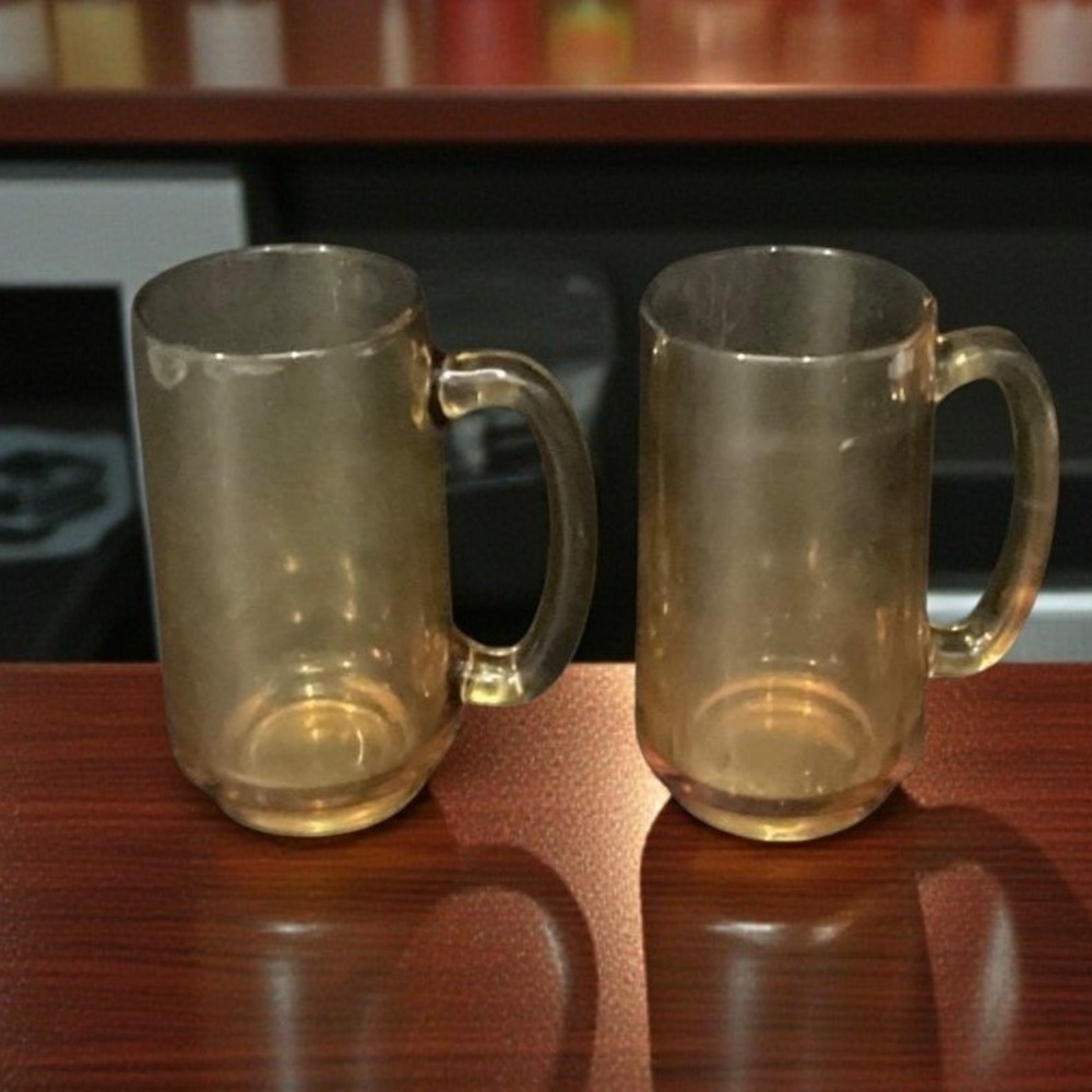 Hazel Atlas Amber Beer Mugs, Set of 2, Vintage Stackable Glasses, Glass Steins